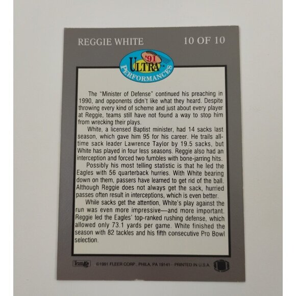 Philadelphia Eagles REGGIE WHITE Performances 1991 Fleer Ultra #10 of 10 - Picture 3 of 6